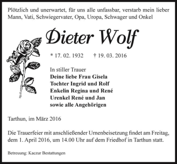 Traueranzeige von Dieter Wolf  von Magdeburger Volksstimme