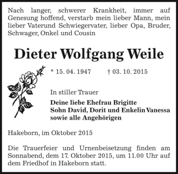 Traueranzeige von Dieter Wolfgang Weile  von Magdeburger Volksstimme