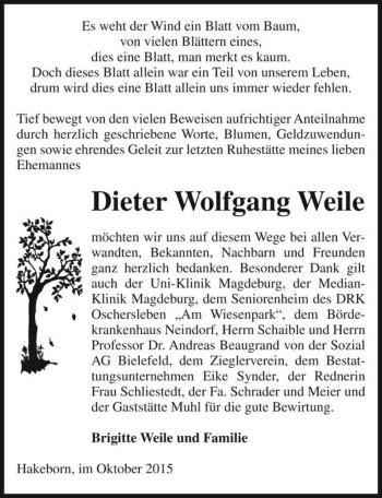 Traueranzeige von Dieter Wolfgang Weile  von Magdeburger Volksstimme