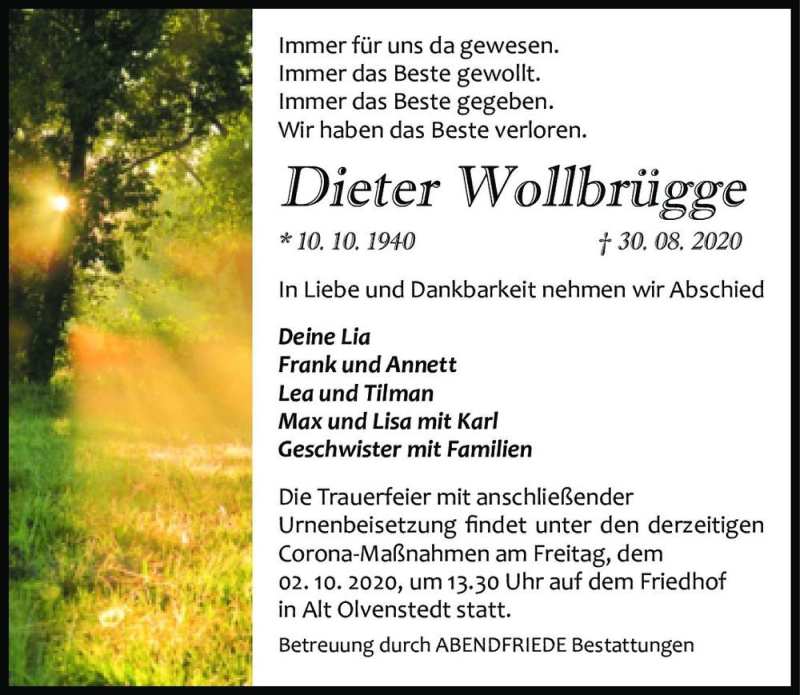  Traueranzeige für Dieter Wollbrügge  vom 26.09.2020 aus Magdeburger Volksstimme