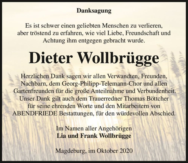  Traueranzeige für Dieter Wollbrügge  vom 17.10.2020 aus Magdeburger Volksstimme