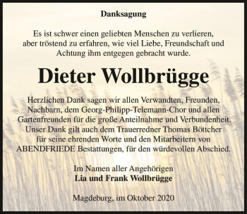Traueranzeige von Dieter Wollbrügge  von Magdeburger Volksstimme