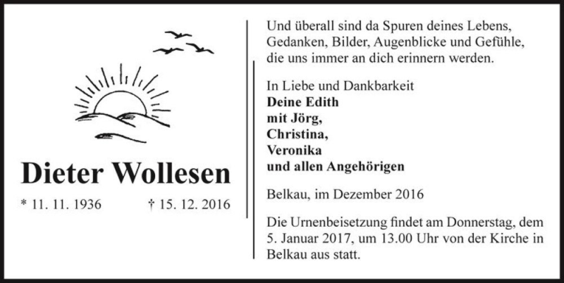  Traueranzeige für Dieter Wollesen  vom 29.12.2016 aus Magdeburger Volksstimme