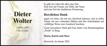 Traueranzeige von Dieter Wolter  von Magdeburger Volksstimme