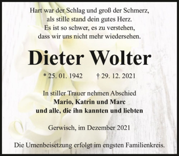 Traueranzeige von Dieter Wolter  von Magdeburger Volksstimme