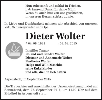 Traueranzeige von Dieter Wolter  von Magdeburger Volksstimme