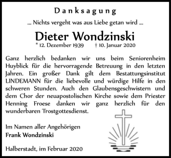 Traueranzeige von Dieter Wondzinski  von Magdeburger Volksstimme