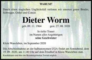 Traueranzeige von Dieter Worm  von Magdeburger Volksstimme