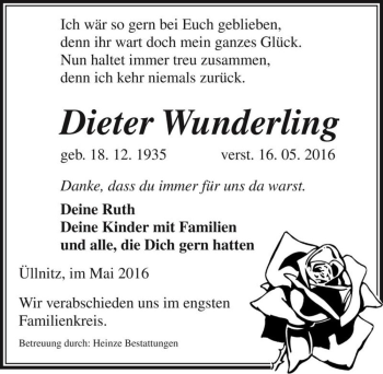 Traueranzeige von Dieter Wunderling  von Magdeburger Volksstimme