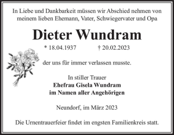 Traueranzeige von Dieter Wundram  von Magdeburger Volksstimme