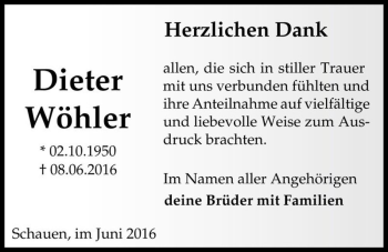 Traueranzeige von Dieter Wöhler  von Magdeburger Volksstimme