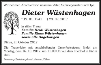 Traueranzeige von Dieter Wüstenhagen  von Magdeburger Volksstimme