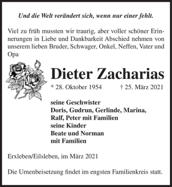 Traueranzeige von Dieter Zacharias  von Magdeburger Volksstimme