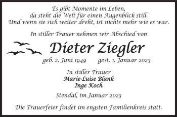 Traueranzeige von Dieter Ziegler  von Magdeburger Volksstimme