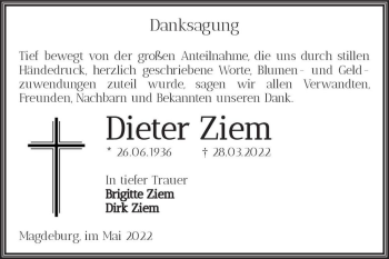 Traueranzeige von Dieter Ziem  von Magdeburger Volksstimme