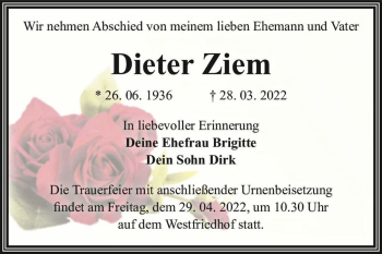 Traueranzeige von Dieter Ziem  von Magdeburger Volksstimme