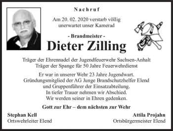 Traueranzeige von Dieter Zilling  von Magdeburger Volksstimme