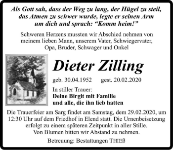 Traueranzeige von Dieter Zilling  von Magdeburger Volksstimme