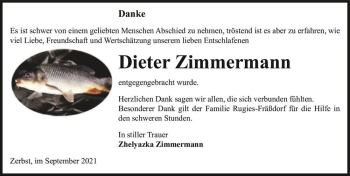 Traueranzeige von Dieter Zimmermann  von Magdeburger Volksstimme