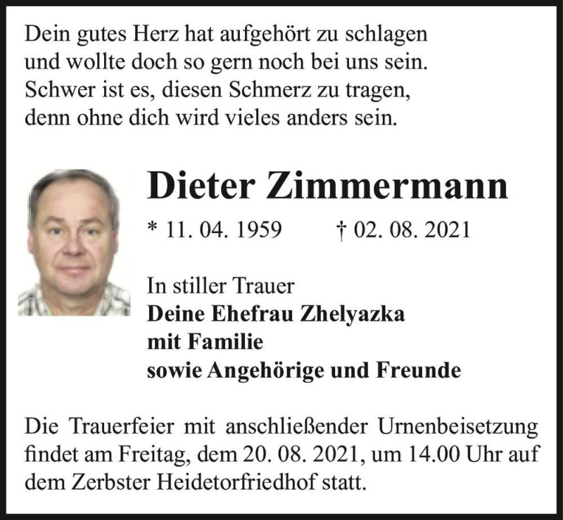  Traueranzeige für Dieter Zimmermann  vom 07.08.2021 aus Magdeburger Volksstimme