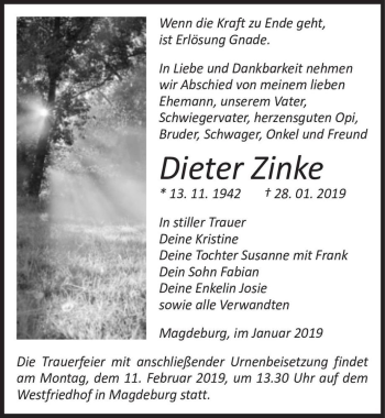 Traueranzeige von Dieter Zinke  von Magdeburger Volksstimme