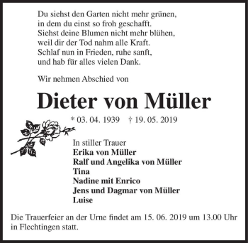 Traueranzeige von Dieter von Müller  von Magdeburger Volksstimme