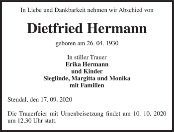 Traueranzeige von Dietfried Hermann  von Magdeburger Volksstimme