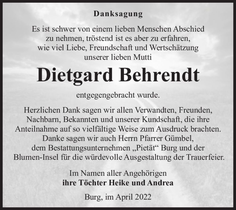  Traueranzeige für Dietgard Behrendt  vom 16.04.2022 aus Magdeburger Volksstimme