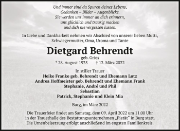 Traueranzeige von Dietgard Behrendt (geb. Gries)  von Magdeburger Volksstimme
