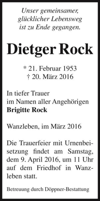 Traueranzeige von Dietger Rock  von Magdeburger Volksstimme
