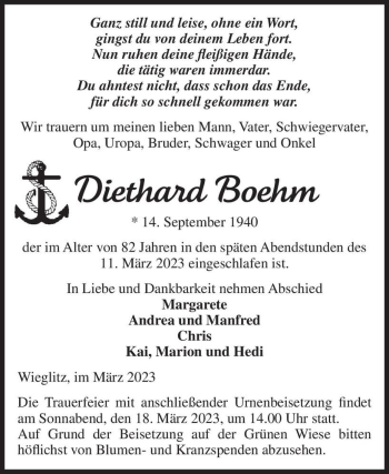 Traueranzeige von Diethard Boehm  von Magdeburger Volksstimme