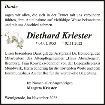 Traueranzeige von Diethard Kriester  von Magdeburger Volksstimme