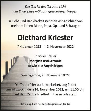 Traueranzeige von Diethard Kriester  von Magdeburger Volksstimme