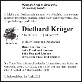 Traueranzeige von Diethard Krüger  von Magdeburger Volksstimme
