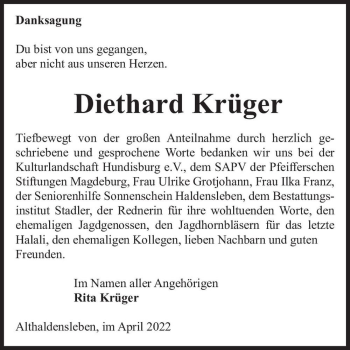 Traueranzeige von Diethard Krüger  von Magdeburger Volksstimme