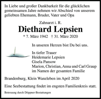 Traueranzeige von Diethard Lepsin  von Magdeburger Volksstimme