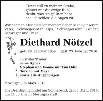 Traueranzeige von Diethard Nötzel  von Magdeburger Volksstimme
