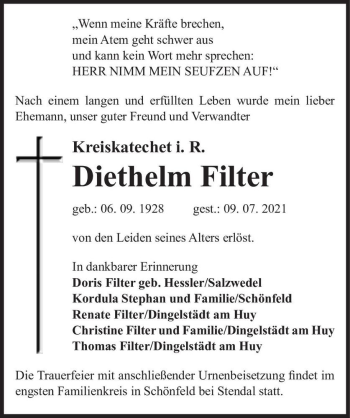 Traueranzeige von Diethelm Filter  von Magdeburger Volksstimme