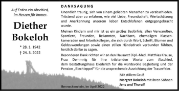 Traueranzeige von Diether Bokeloh  von Magdeburger Volksstimme