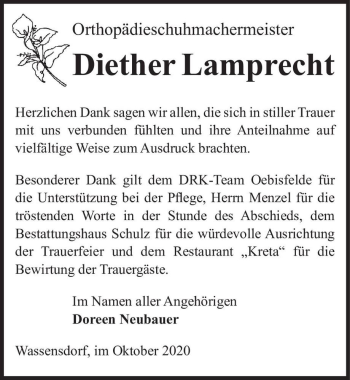 Traueranzeige von Diether Lamprecht  von Magdeburger Volksstimme