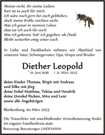 Traueranzeige von Diether Leopold  von Magdeburger Volksstimme