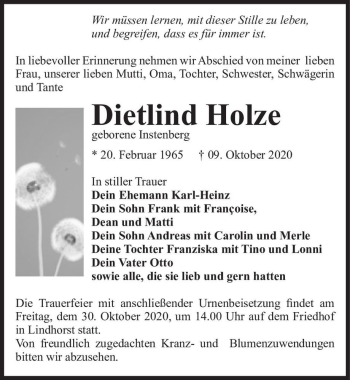 Traueranzeige von Dietlind Holze (geb. Instenberg)  von Magdeburger Volksstimme