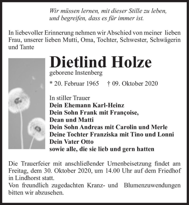  Traueranzeige für Dietlind Holze (geb. Instenberg)  vom 24.10.2020 aus Magdeburger Volksstimme