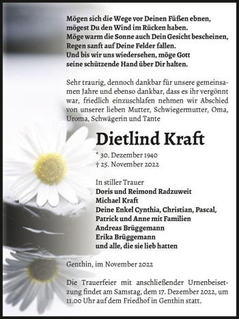 Traueranzeige von Dietlind Kraft  von Magdeburger Volksstimme