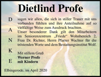 Traueranzeige von Dietlind Profe  von Magdeburger Volksstimme