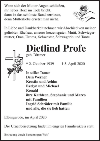 Traueranzeige von Dietlind Profe (geb. Dittmer)  von Magdeburger Volksstimme