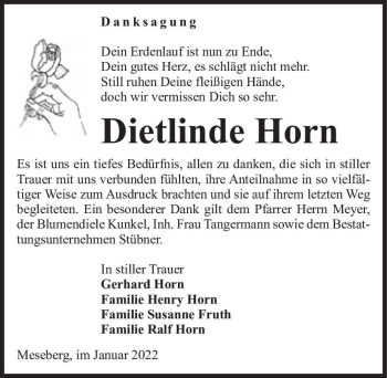 Traueranzeige von Dietlinde Horn  von Magdeburger Volksstimme