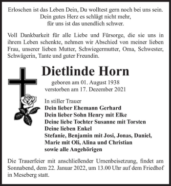 Traueranzeige von Dietlinde Horn  von Magdeburger Volksstimme