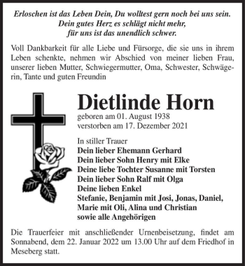 Traueranzeige von Dietlinde Horn  von Magdeburger Volksstimme