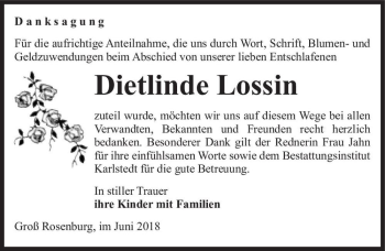 Traueranzeige von Dietlinde Lossin  von Magdeburger Volksstimme